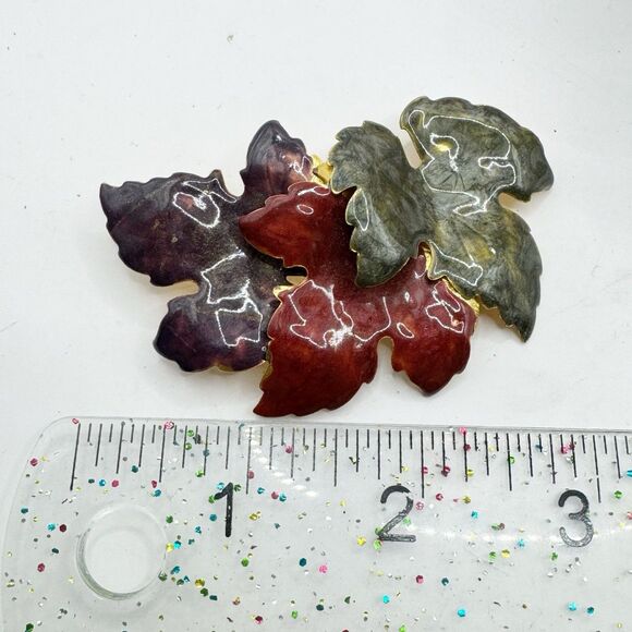 Fall Leaf Cluster Brooch Pin Swirled Enamel Purple Red Green Autumn Large Gold - Picture 7 of 7